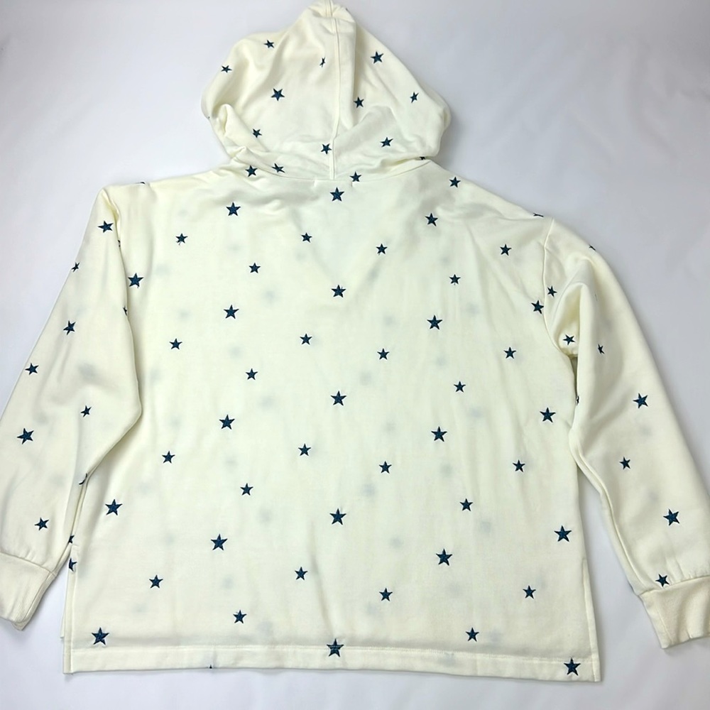 Britney Hoodie with Embroidered Blue Stars on Cream Background. Super Soft. Med.